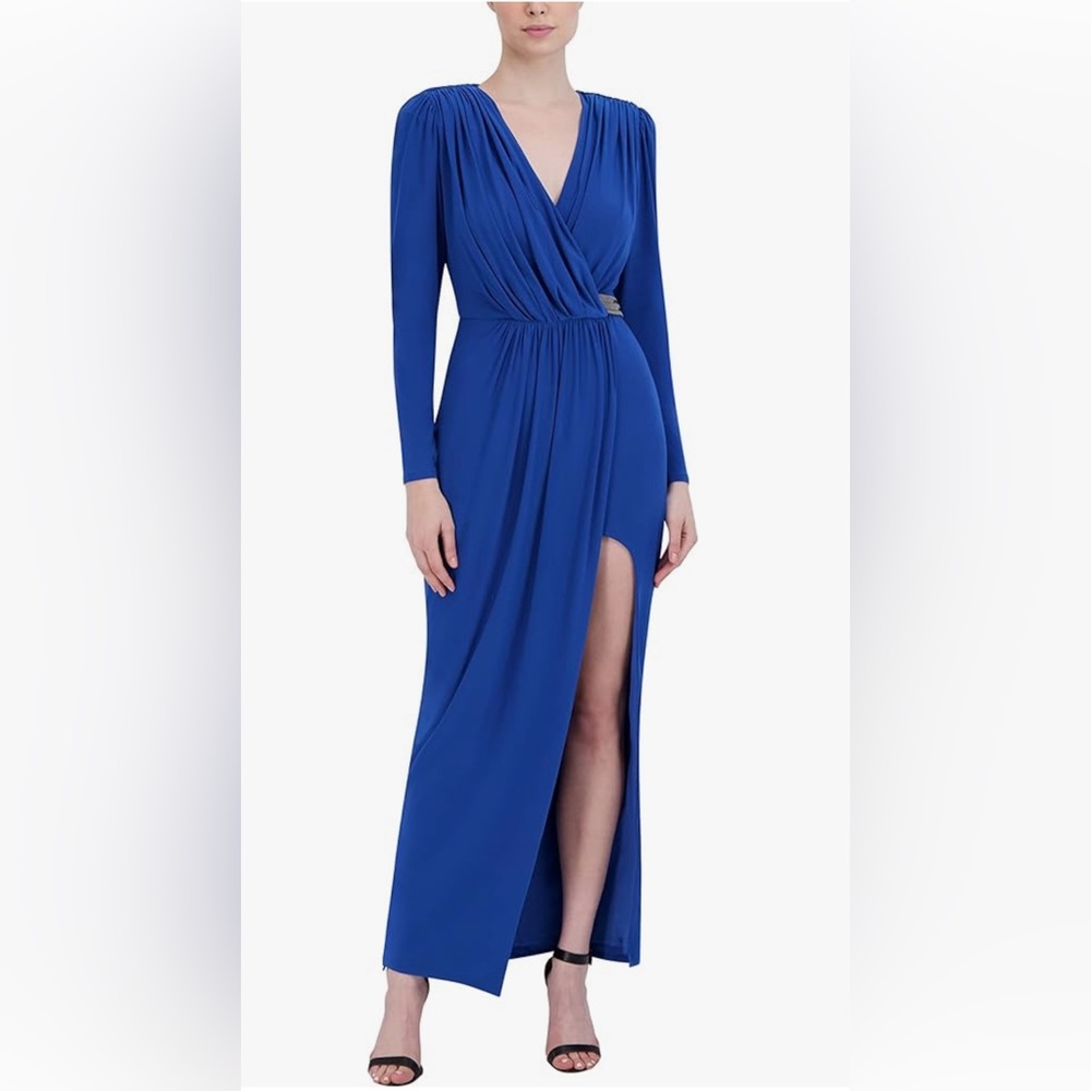 BCBGMAXAZRIA Faux Wrap Long Sleeve Beaded Belt Front Slit Evening Dress …